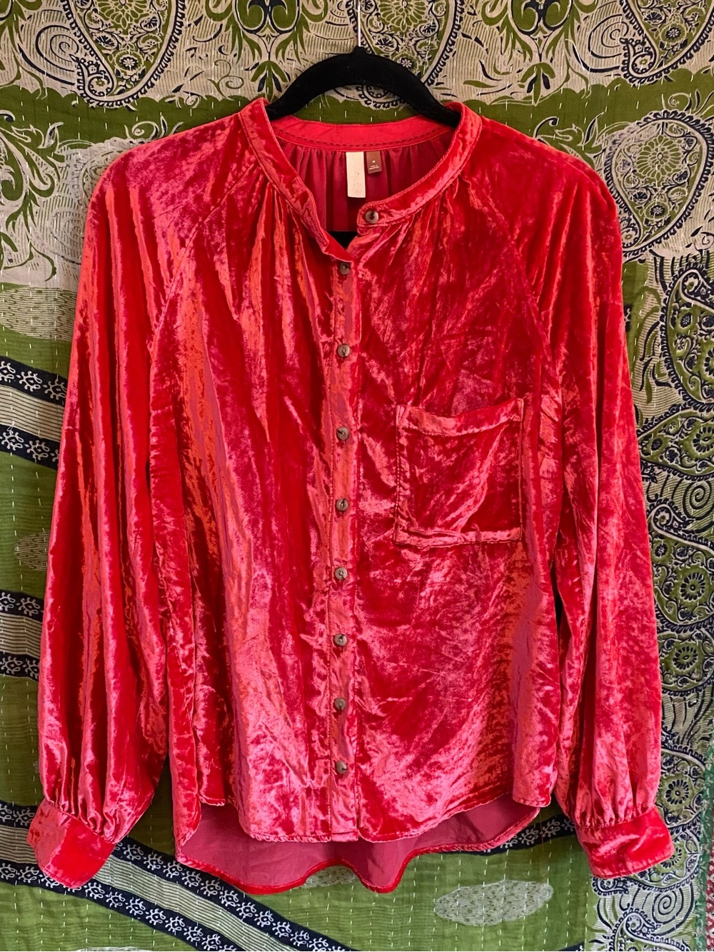Pilcro Ruby Red Puff Sleeve Velvet Button Down Blouse Medium Cottagecore Femme - Picture 2 of 14